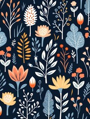 Rustic forest life, charming plants, nonstop pattern, flat illustration, solid base ,  cute hand drawn