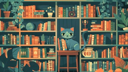 A curious cat wearing detective gear investigates a mysterious case of missing yarn in a cozy, bookfilled library, illustrated as a flat cartoon concept