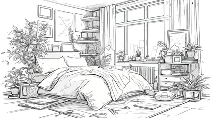 Monochrome sketch of comfortable bedroom furnished