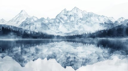 A majestic mountain range rises above a misty lake, drawn with sharp contrasts and detailed textures, handsketched draw concept