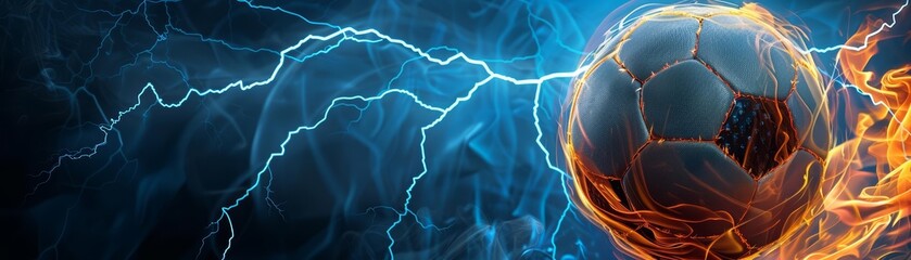 A sensational image of a soccer ball with flames flickering around it and lightning bolts flashing across the night sky, set against a backdrop of deep blue darkness