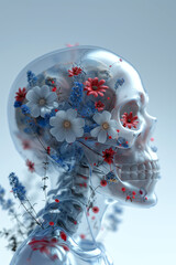 skull made of transparent material with red, blue and white flowers growing out from inside, dreamlike 3D render, light grey background, photorealistic // ai-generated 