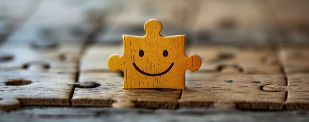 A puzzle completed with the last piece being a golden wooden block with a smiley face, symbolizing the fulfillment of customer needs, minimalist background for clarity of text