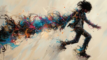   A painting of a person riding a skateboard, surrounded by abundant paint splatters - obrazy, fototapety, plakaty