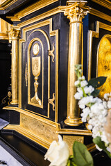 tabernacle on the altar during the eucharistic vigil - Catholic Church, Eucharistic Holy Hour, Holy Week - obrazy, fototapety, plakaty