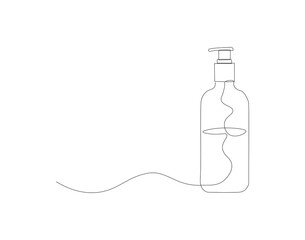 Continuous line drawing of shampoo container bottle. One line of shampoo with pump dispenser. Liquid gel concept continuous line art. Editable outline.