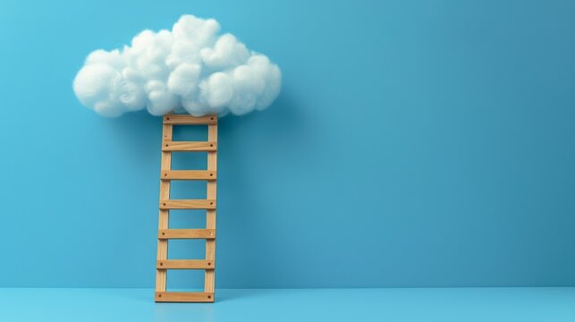 A wooden block ladder leading to a cloud, each rung engraved with a principle of quality improvement, designed to represent climbing towards ideal standards, space above for text