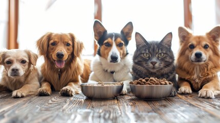 A cat and four dogs sit in a row on a wooden table with bowls of food in front of them.