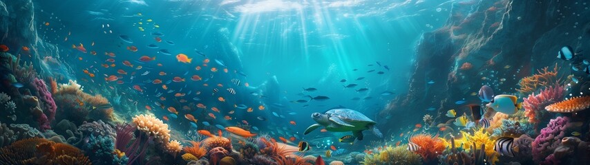 Obraz premium Underwater World Map with Coral Reef, Fish, and Marine Life in the Ocean, featuring Vibrant Colors, Waves, and Beaches, perfect for Deep-sea Diving and Marine Exploration
