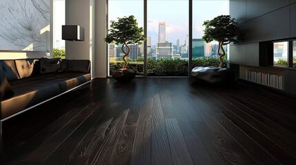 Dark-stained hardwood floor providing a dramatic backdrop for any decor.