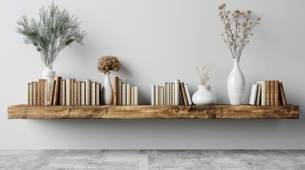 Artful book arrangement with books placed on a floating shelf, creating a minimalist look.