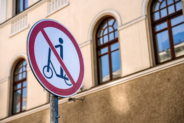 Scooter ban. Sign prohibiting movement on a scooter on a city street