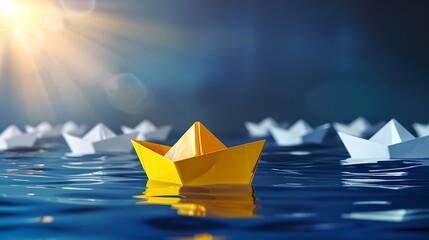 Vibrant Yellow Paper Boat Leading Amongst Whites on a Calm Blue Sea. Concept of Leadership and Uniqueness. Ideal for Creative Backgrounds. AI