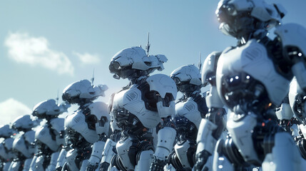 Futuristic military robots forming a formation. - obrazy, fototapety, plakaty