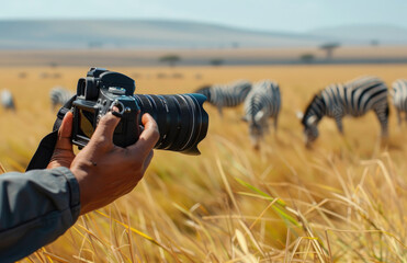 Fototapeta premium A person holding an expensive camera, taking pictures of zebras in the savannah. The focus is on their hand and part of his face visible behind it, showing he's looking at something