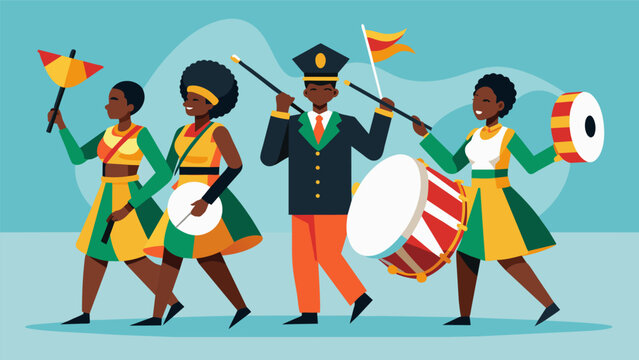 Bedecked in traditional African attire the high school bands bring an authentic touch to the Juneteenth parade blending culture with music.. Vector illustration