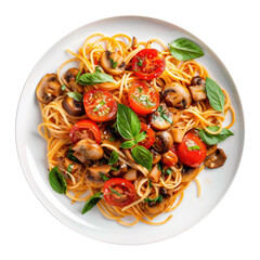 Delicious Plate of Vegetarian Spaghetti with Mushrooms and Tomatoes Isolated on a Transparent...