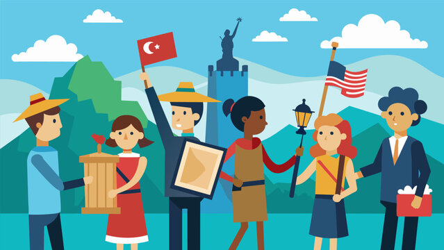 In between selling their paintings of iconic American landmarks a group of artists also offer to paint mini flags on the faces of children passing by.. Vector illustration
