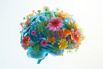 Colorful Floral Brain A Creative Concept Illustration of Human Brain with Vibrant Flowers in Shape of a Flower Head
