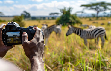 Obraz premium A person holding an expensive camera, taking pictures of zebras in the savannah. The focus is on their hand and part of his face visible behind it, showing he's looking at something