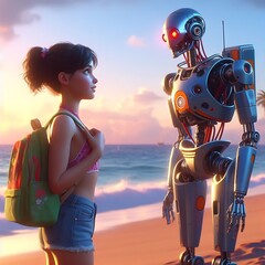 Junges Mädchen trifft einen Roboter am Meeresstrand Fantasie - obrazy, fototapety, plakaty
