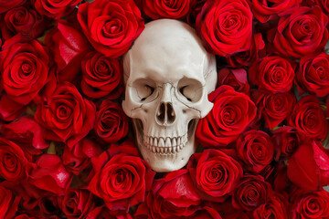 skull in the center of red roses, romantic mood, valentines day background, front view, photorealistic // ai-generated 