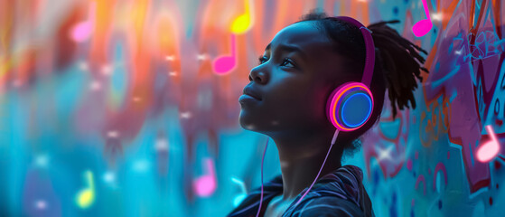 A young boy with headphones on is listening to music with a colorful background.