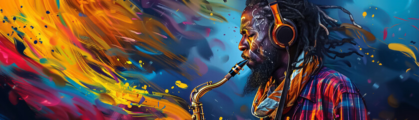 A painting of a man playing the saxophone with bright colors. - obrazy, fototapety, plakaty