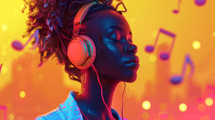 A young woman with headphones on, listening to music.