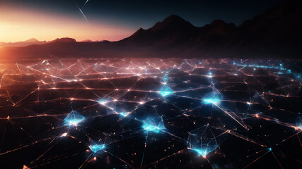 Imagine a futuristic landscape where glowing triangles form intricate networks, suggesting...