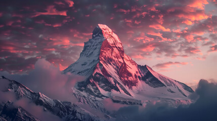 A crimson sunset casting its glow over a snowy mountain peak