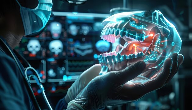 The futuristic medical technology is showcased in the form of the glowing, holographic jaw being cradled by the healthcare professional