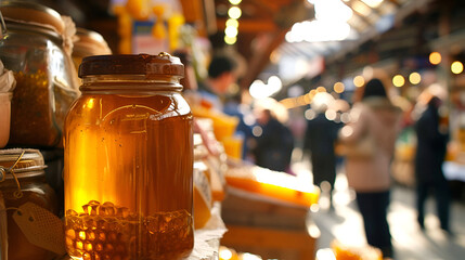 Market stall brimming with honey jars, lively trade scene