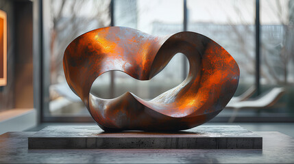 An abstract shaped sculpture made of copper, placed on a concrete base in front of a modern interior with large windows, in a hyper realistic style. Generative Ai
