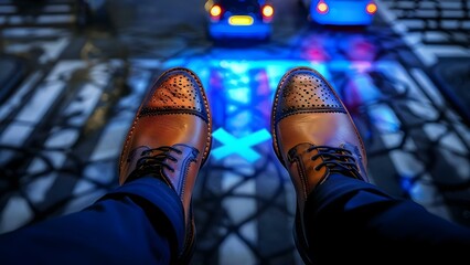 Decision-making at a crossroad: A top view of male leather shoes. Concept Fashion, Footwear, Men's Style, Crossroad, Decision-making,