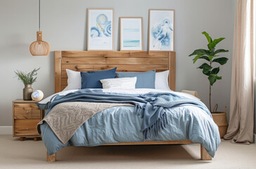 A Scandinavian style bedroom with white walls, a wooden headboard and bed frame, blue accents on the blanket, pillows and posters hanging above it