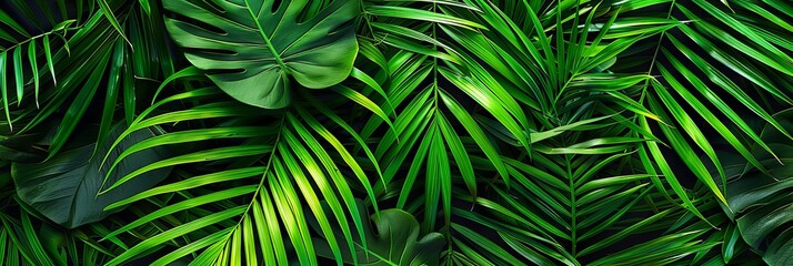 Naklejka premium Palm Leaf Pattern, Lush Jungle Background, Exotic Tropic Foliage, Palm Leaves Silk Embroidery