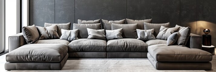 Fototapeta premium Big Sofa in Modern Room Interior, Luxury Home Furniture, Contemporary Decor, Sofa Background