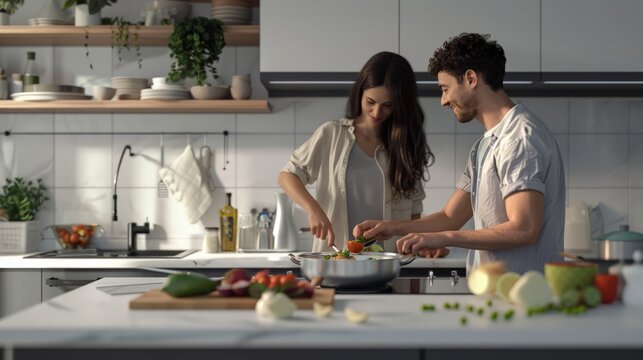 Couple cooking healthy meal together. Fresh ingredients for a balanced diet