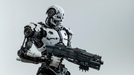 Metal cyborg with blaster on gray background