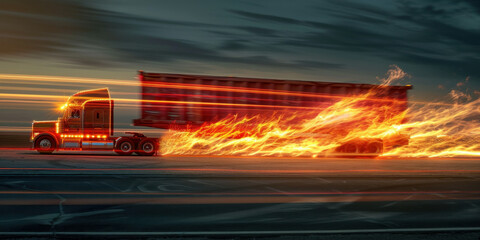 Truck on fire driving down road in dramatic scene with flames coming out of back of trailer