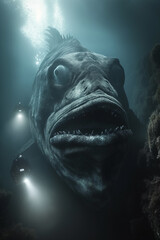 underwater photography of super hughe fish with sharp teeth, giant creature, deep sea diver in the dark water background, photorealistic // ai-generated 