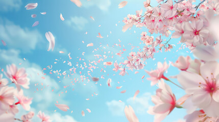 Cherry blossom sakura tree branches with flying flower petals, spring blurred background in Japanese drawing style