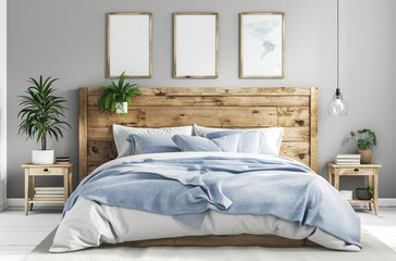 A Scandinavian style bedroom with white walls, a wooden headboard and bed frame, blue accents on the blanket, pillows and posters hanging above it