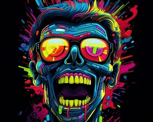 A skull with sunglasses on its face screams in agony. The background is a dark, multicolored splatter.