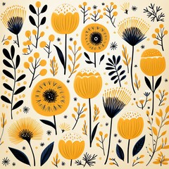 Botanical burst, yellow blooms, repeating flat art, solid bg ,  cute hand drawn