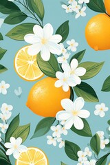 Citrus flowers, aqua leaf pattern, seamless graphic, simple lines, solid color , pattern vectors and illustration