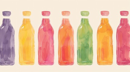 Watercolor illustration of detox juice bottles. Artistic healthy drink concept