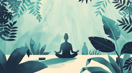 Illustration of tranquil meditation surrounded by nature, embodying wellness and mindfulness.