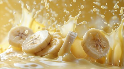 Banana slices falling into banana-flavoured liquid creating a splash - obrazy, fototapety, plakaty